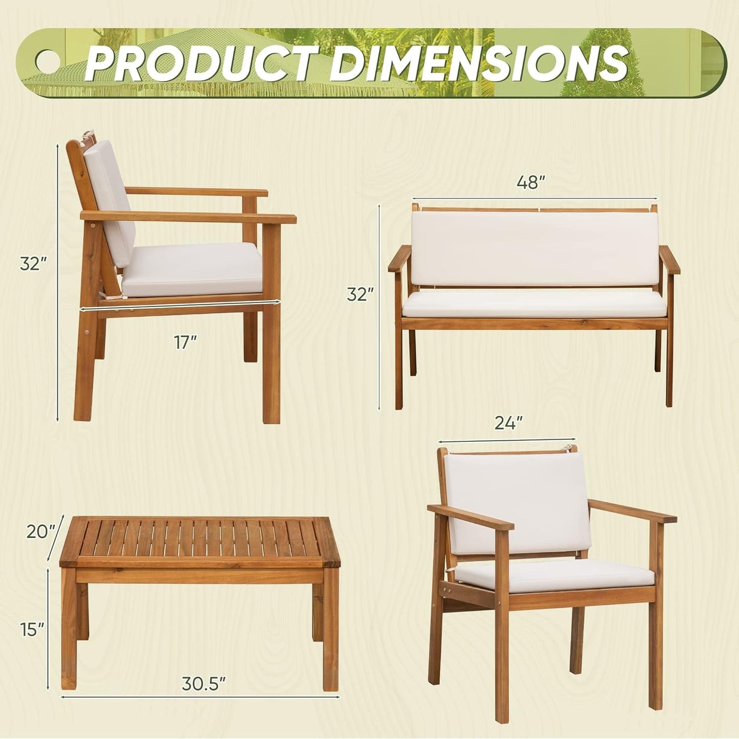 Acacia Wood 4 Piece Patio Conversation Set-3