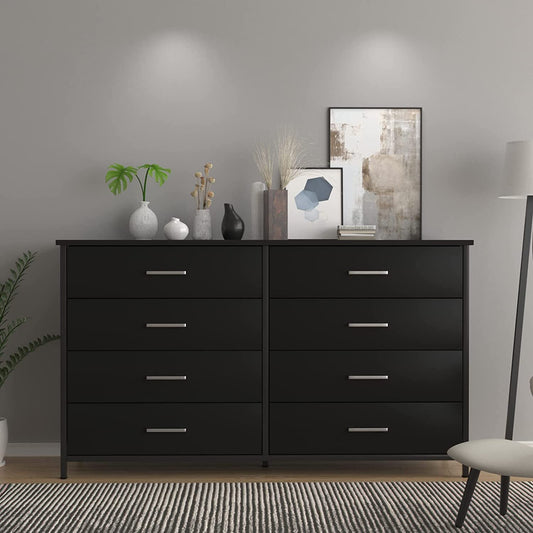 Black Wood 8-Drawer Double Dresser with Steel Frame-1