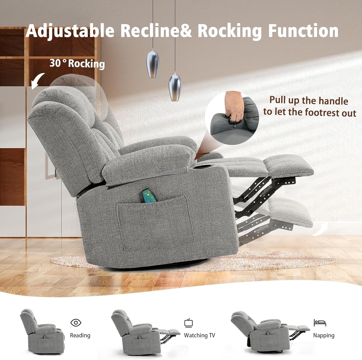 Rocker Swivel Recliner Chair for Adults, Overstuffed Large Manual Recliner Glider with Massage and Heat, Comfy Soft Fabric Living Room Reclining Sofa Chair(Lime Gray)-4