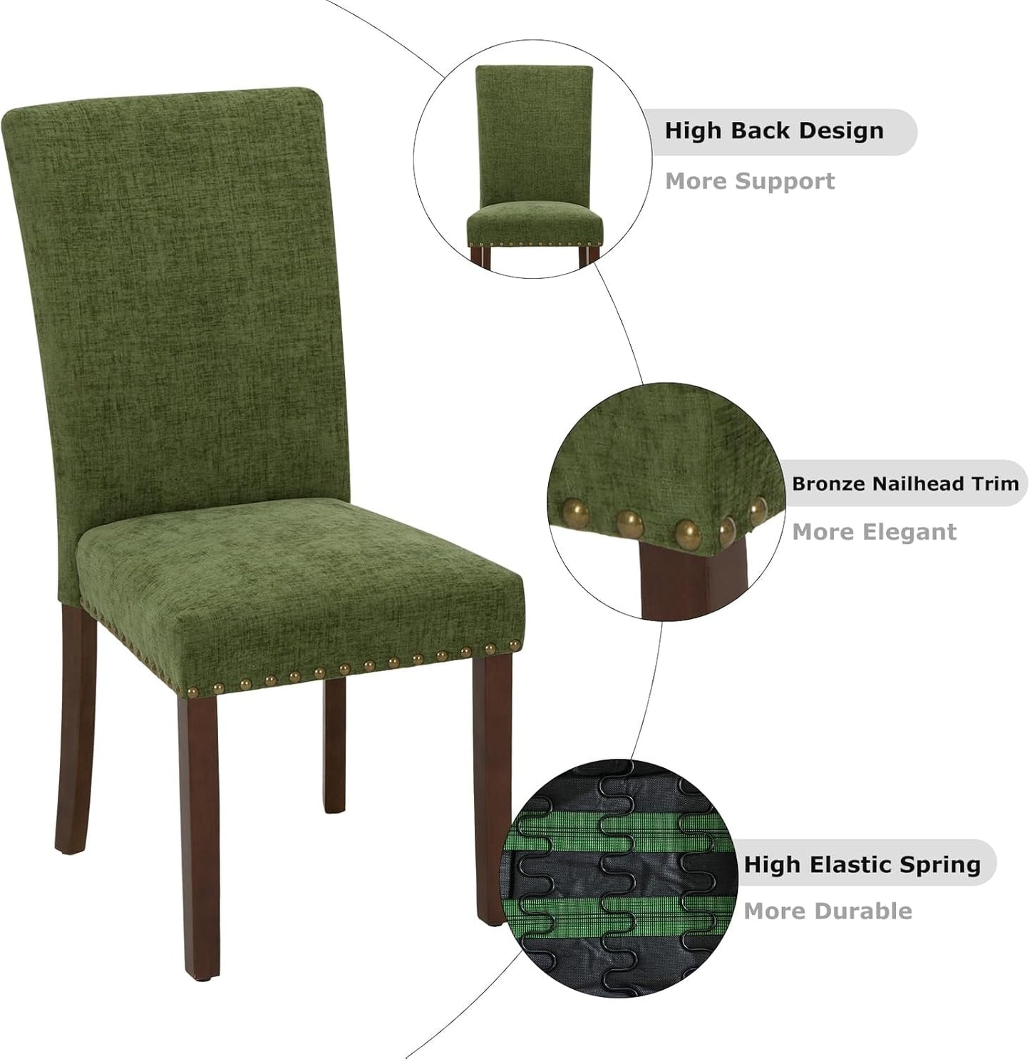 Upholstered Parsons Dining Chairs Set of 4, Fabric Dining Room Kitchen Side Chair with Nailhead Trim and Wood Legs - Green-4