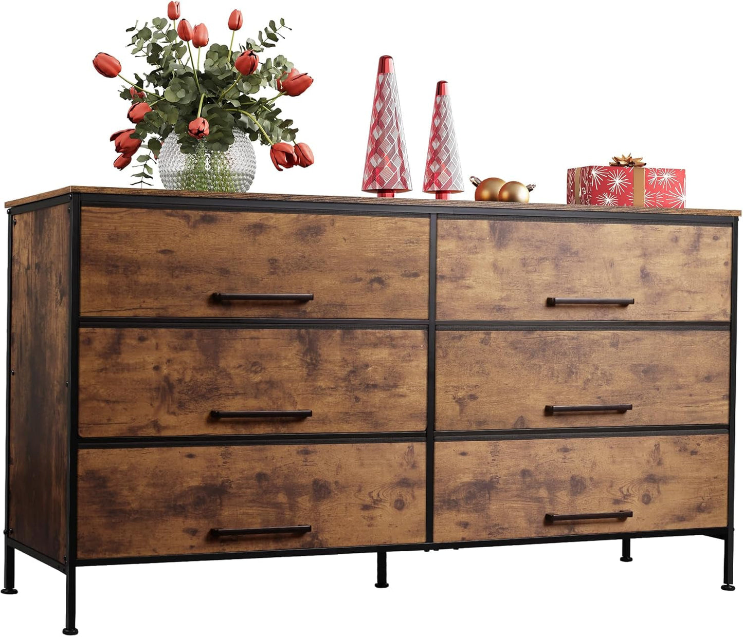 Wide Fabric Dresser, 6 Drawer Dresser TV Stand for 68" TV, Dressers Bedroom Furniture Large Storage Tower Unit with Fabric Bins, White Dresser for Bedroom, Closet, Hallway, Rustic Brown-0