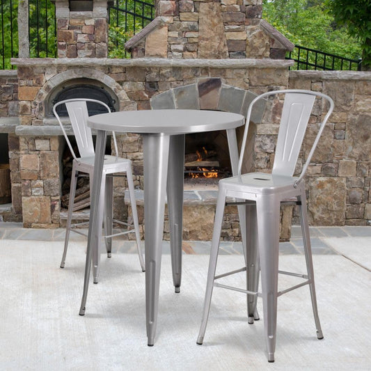 Commercial Grade 30" round Silver Metal Indoor-Outdoor Bar Table Set with 2 Cafe Stools-1