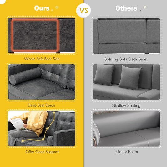 2 Pieces Faux Leather Sofa Set with Bolster Pillows,Tufted 3-Seat Sofa and Loveseat Couch with Wooden Legs, Upholstered Living Room Set for Living Room, Office, Grey-1