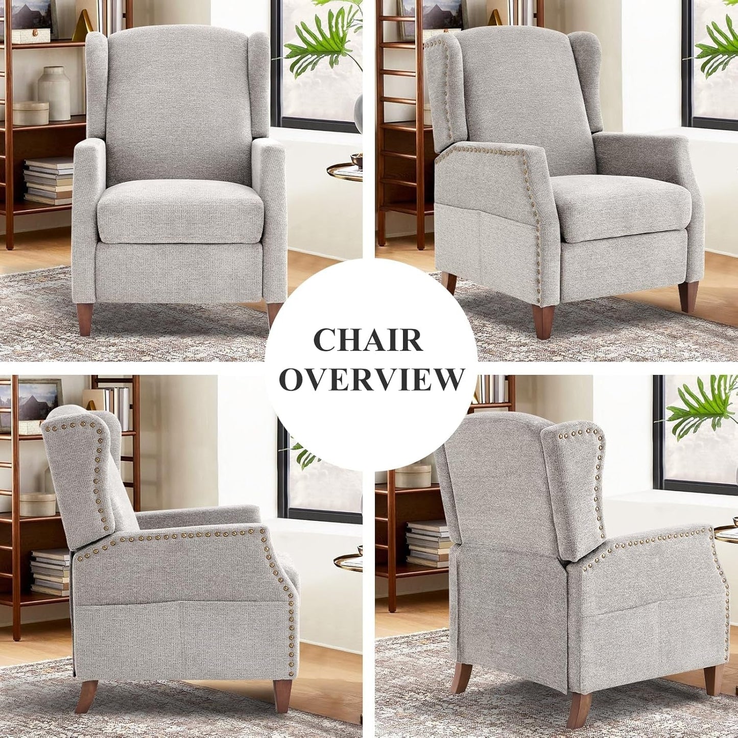Wingback Pushback Recliner Chair with Storage Pocket, Upholstered Fabric Living Room Chair Armchair, Single Reclining Sofa with Wood Legs and Nailhead Trim for Home/Bedroom, Light Grey-3