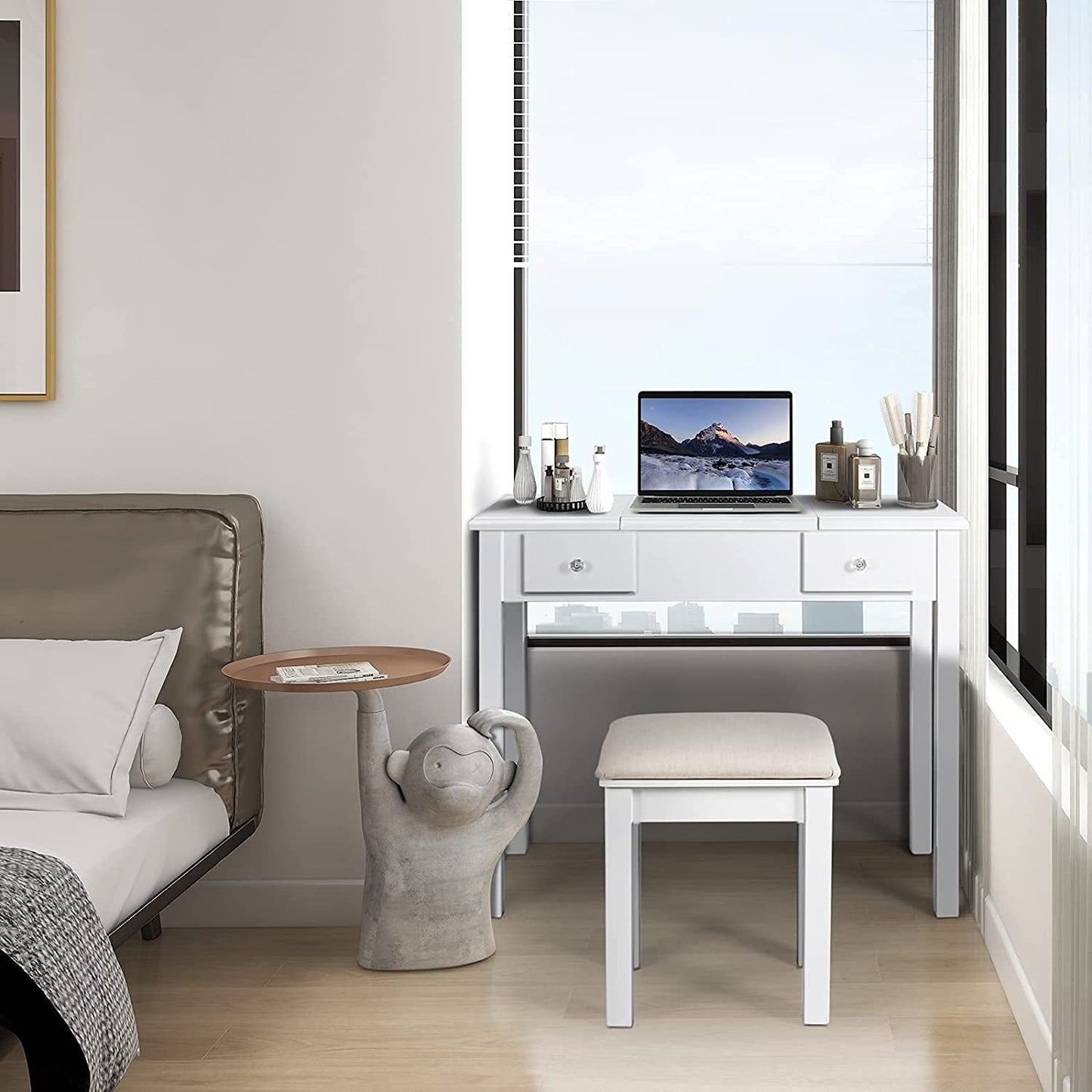 Vanity Table with Flip Top Mirror and Stool Set-4