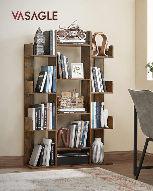 Bookshelf, Tree-Shaped Bookcase with 13 Storage Shelves, Rounded Corners, 9.8”D X 33.9”W X 55.1”H, Rustic Brown ULBC67BXV1-1