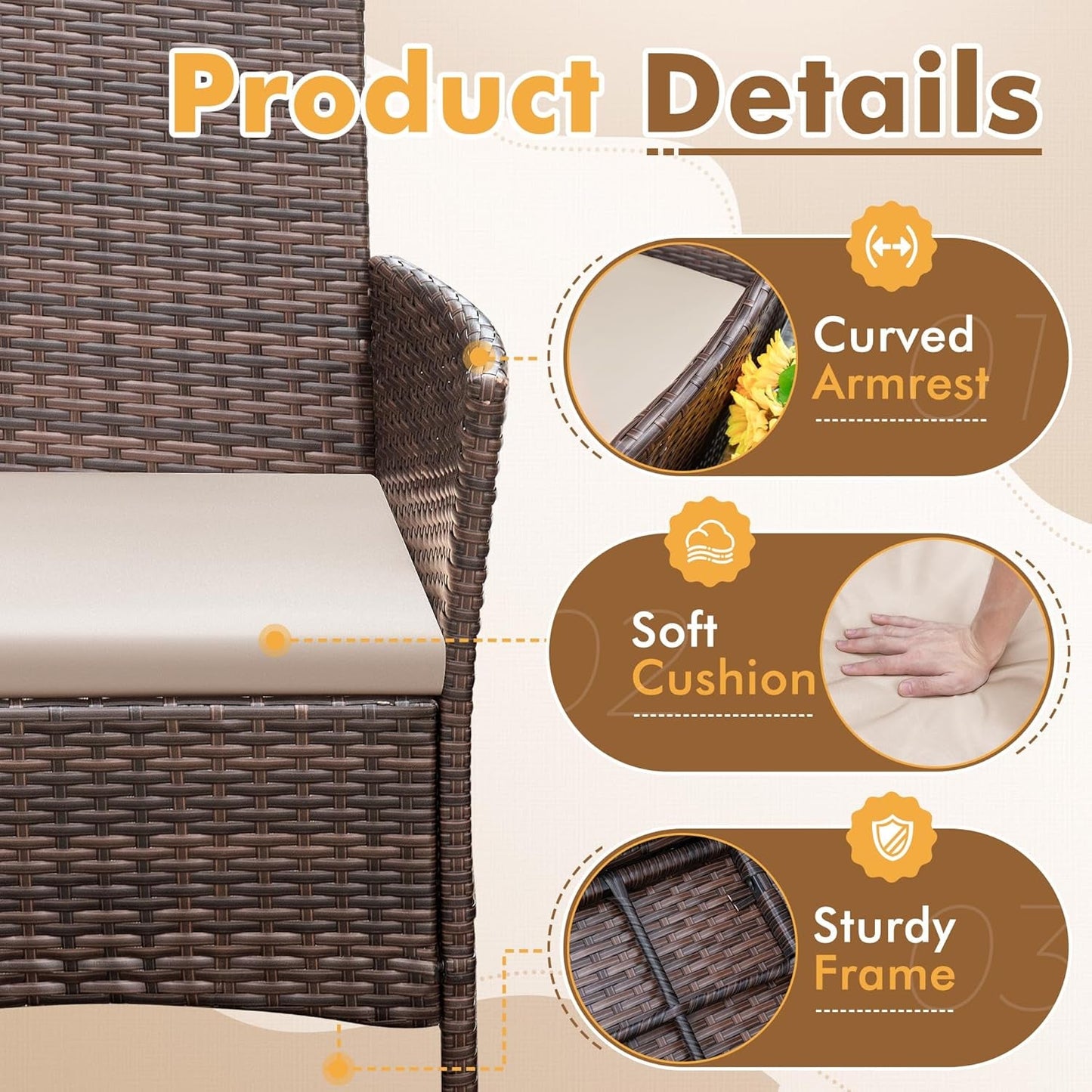 Patio Furniture Set 3 Pieces All-Weather Rattan Outdoor Furniture Patio Chairs with Tempered Glass Table for Porch Bistro Balcony (Brown/Cream)-2