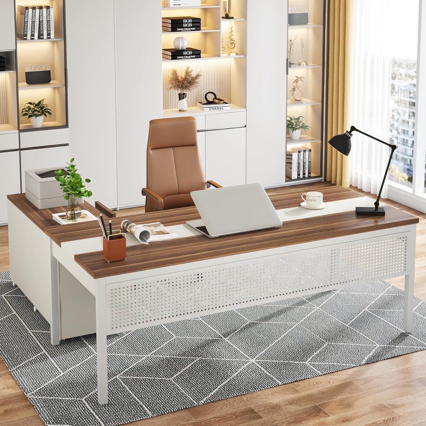 70.8" Large Executive Office Desk and 47" Lateral File Cabinet Combo, L-Shaped Computer Desk 2 Piece Business Furniture with Drawers and Shelves, Home Office Workstation, Walnut & White-0
