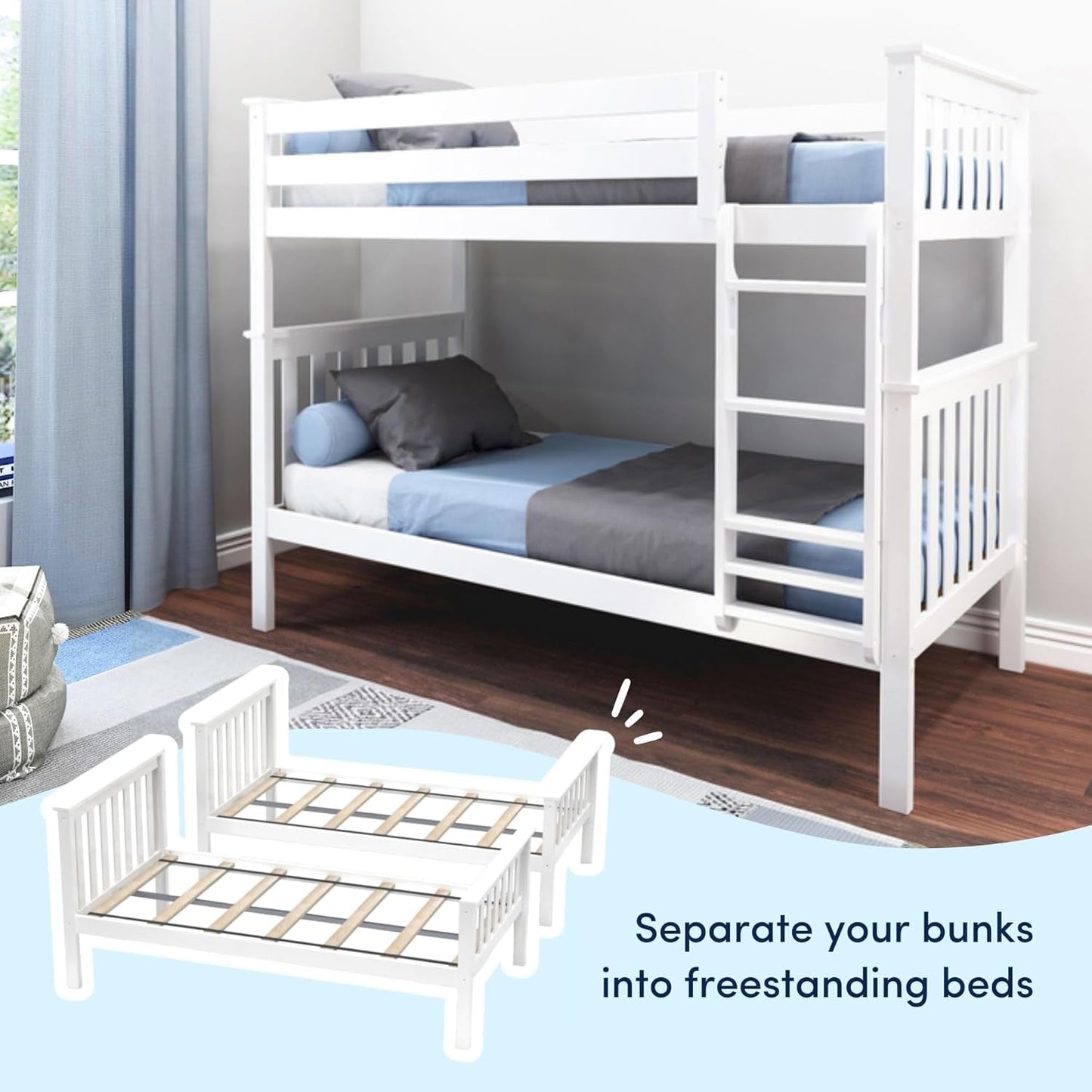 Bunk Bed Twin over Twin, Solid Wood Bunk Bed Frame with Ladder for Kids, 14" Safety Guardrails, Easy Assembly, No Box Spring Needed, White-4