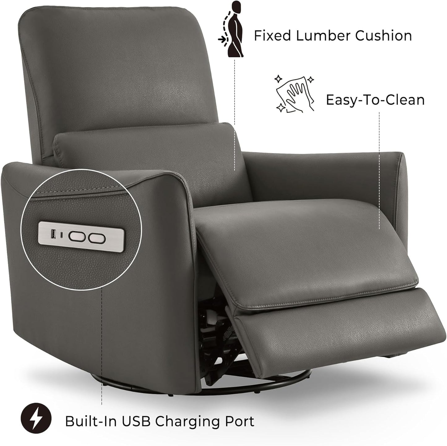 Power Recliner Chair Swivel Glider, FSC Certified Upholstered Faux Leather Living Room Nursery Reclining Sofa Chair with Lumbar Support, Charcoal-4