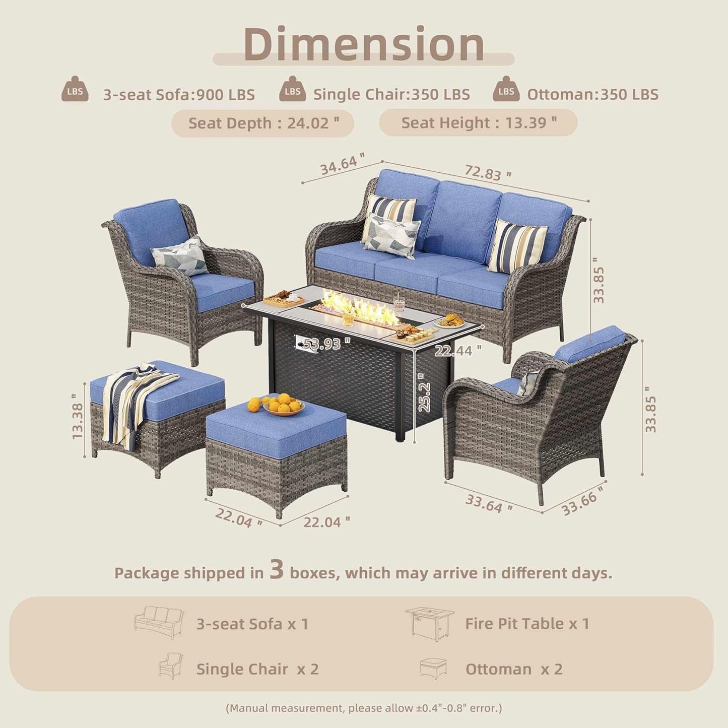 6 Pieces Outdoor Patio Furniture Set with 53" Fire Pit Table Rattan Sectional Conversation Sets W/Gas Fire Pit, 2 Ottomans, Gray Wicker/Blue-1