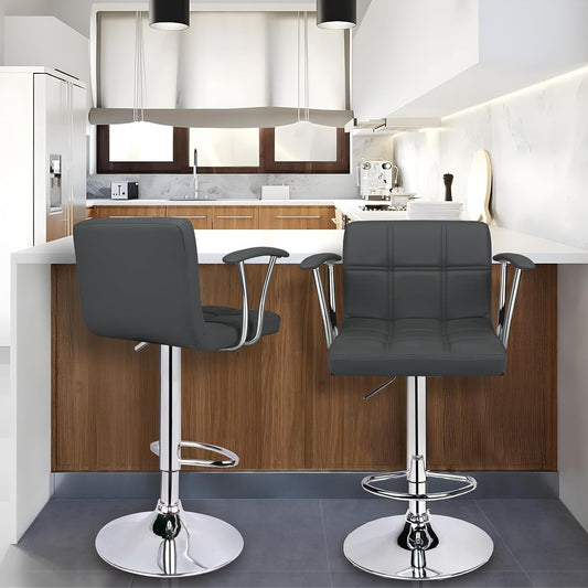 Bar Stools Set of 2,Armrest Adjustable Swivel Barstools with Back,Double Needle PU Leather Counter Height Bar Stools for Kitchen Island, Grey-1