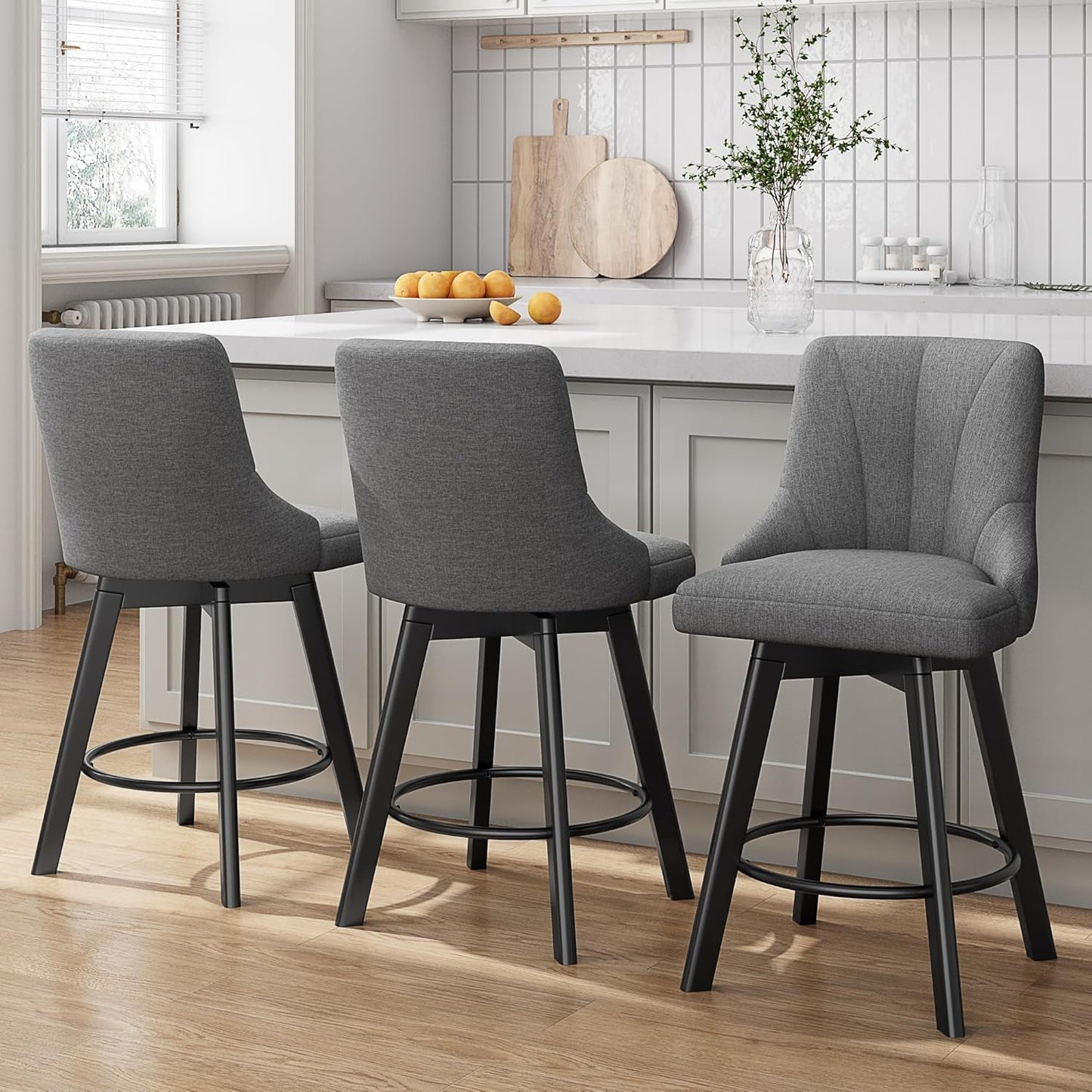 Swivel Bar Stools with Backs, 24" Counter Height Bar Stools Set of 2, Fabric Upholstered Counter Bar Stools with Solid Wood Legs for Kitchen Island, Home Bar, Dark Gray-2