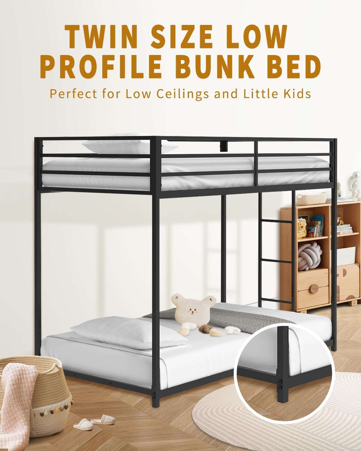 Twin over Twin Bunk Bed - Lifesky Metal Low Profile Bunkbed with Side Ladder Black-2