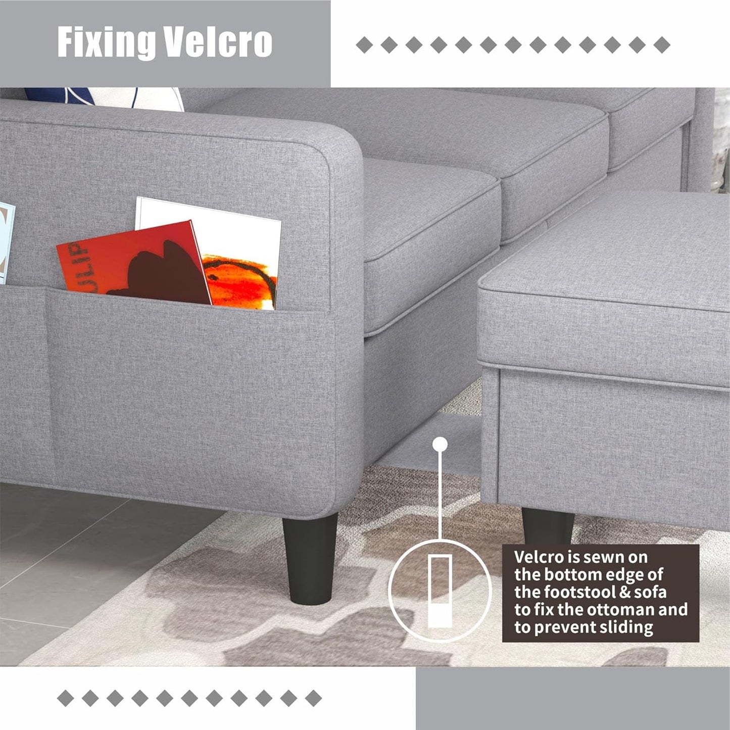 Sectional Sofa Couches for Living Room, Small Space Couch L-Shaped Sofa, 3 Seat Modern Sofas Convertible with Storage Ottoman for Small Space, Bedroom, Offices and Apartments, Light Grey-4