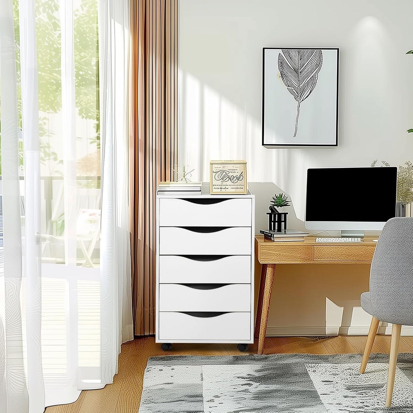 5 Drawer Chest Wood File Cabinet Rolling Storage Dresser with Wheels for Home Office, White-4