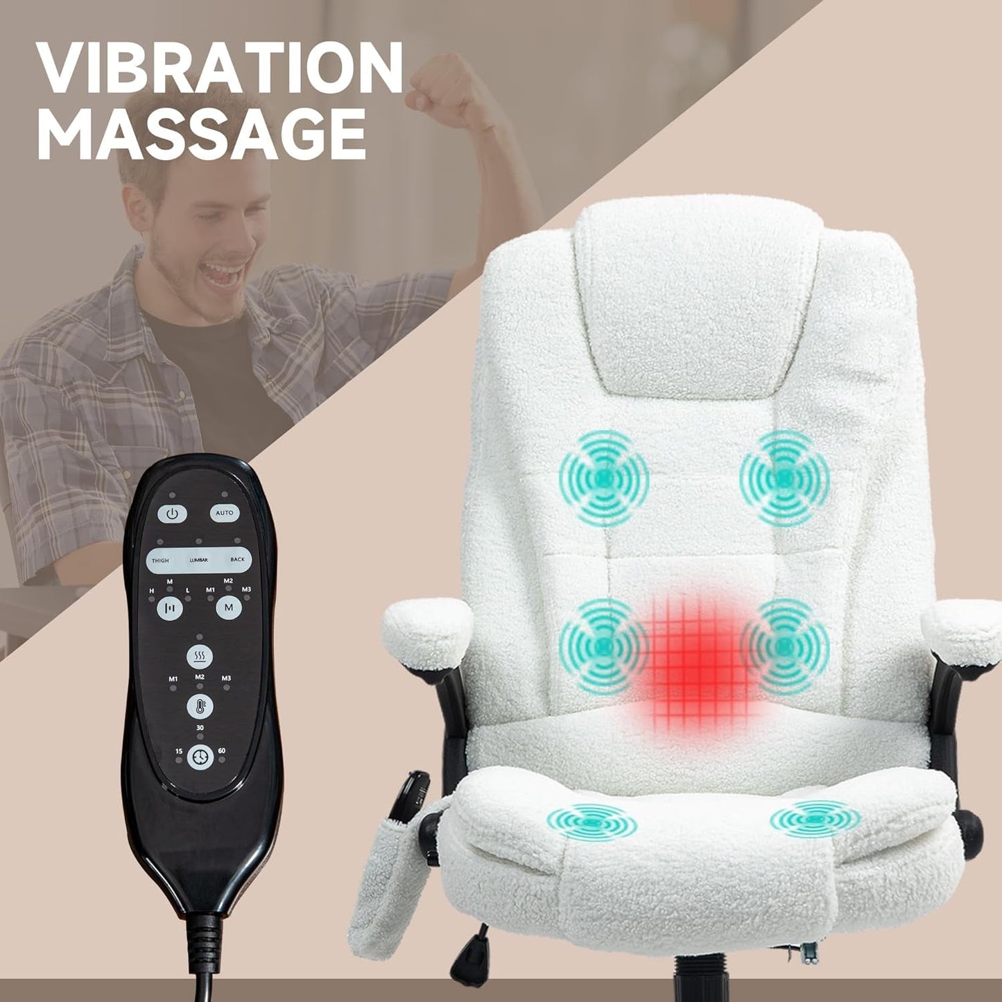 6 Point Vibrating Massage Office Chair with Heat, Velvet High Back Executive Office Chair with Reclining Backrest, Padded Armrests and Remote, White-3