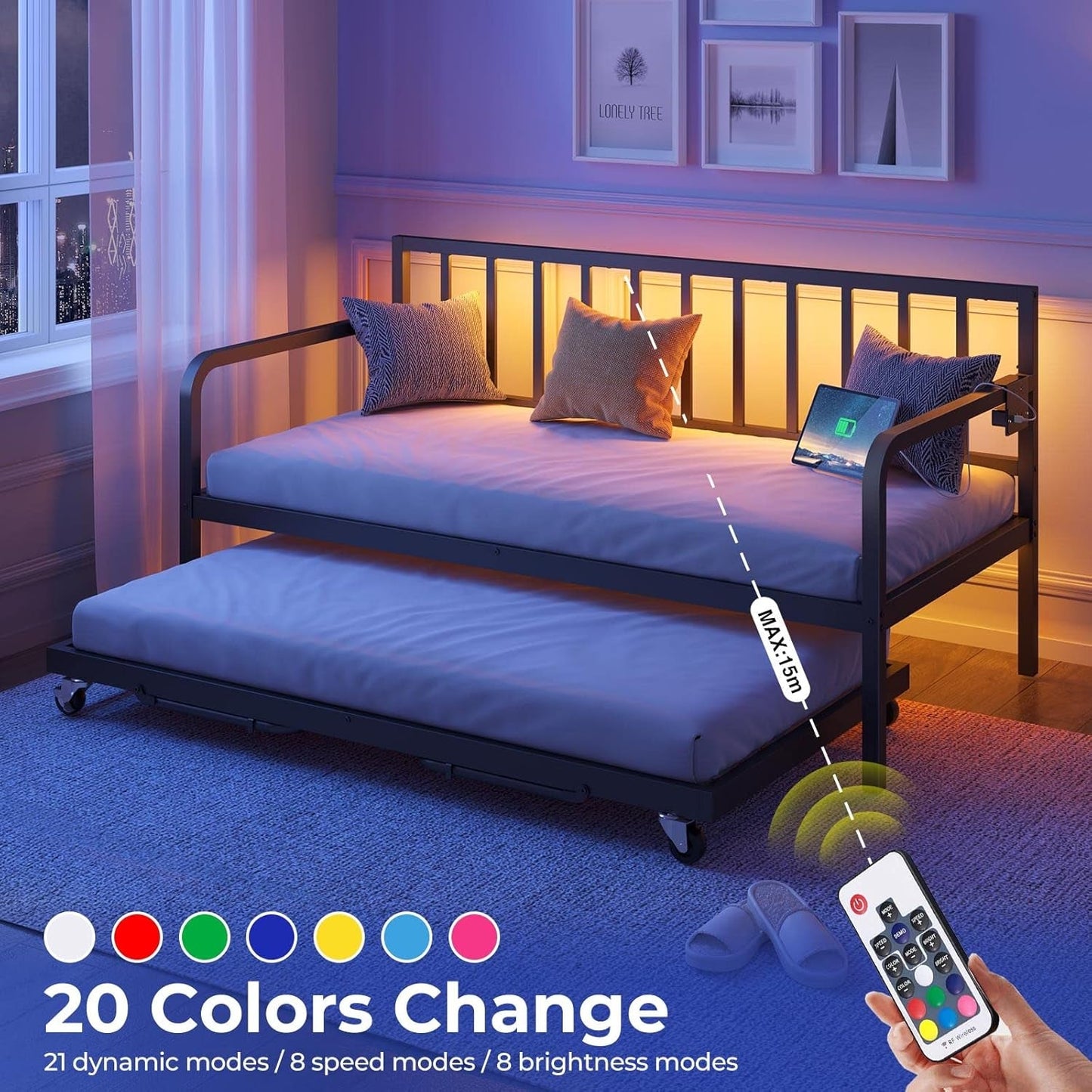 Daybed with Charging Station and LED Lights, Height Adjustable Twin Daybed with Trundle, Metal Sofa Bed Frame with Steel Slat Support for Living Room, Bedroom and Guest Room, Black-4