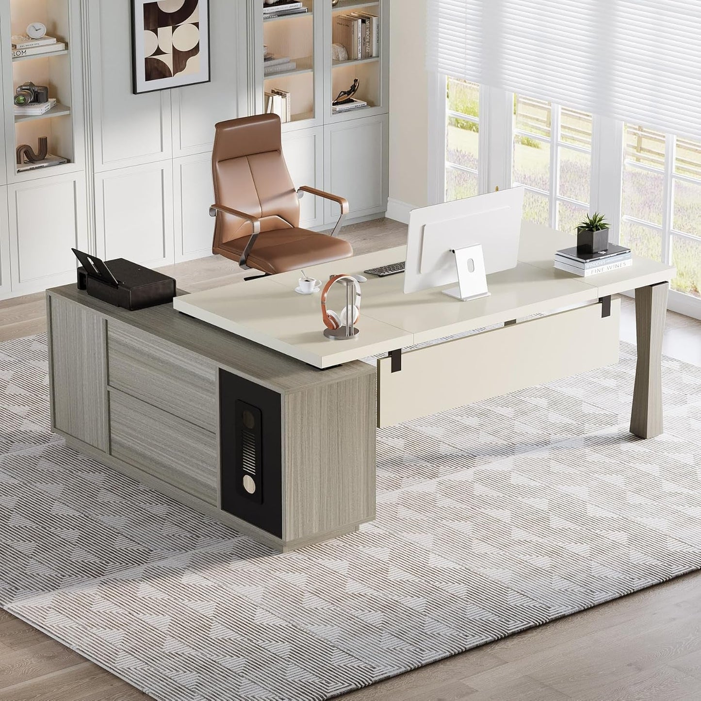 78.7-Inch Executive Desk, L-Shaped Desk with Cabinet, Large Office Desk with Storage Shelves, Writing Table Desk Business Furniture Set for Home Office, Gray and Cream White-4