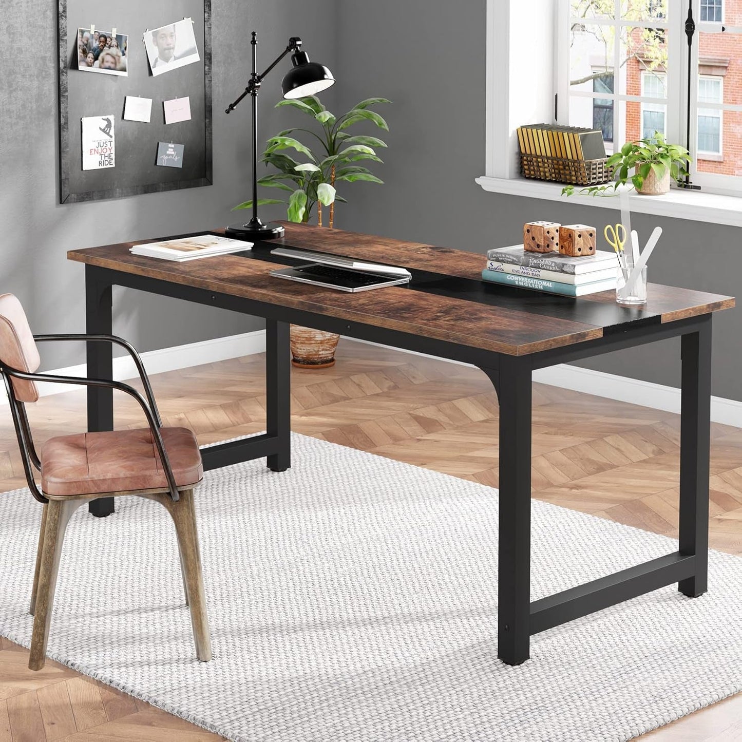 70.8”Executive Desk, Large Office Computer Desk with Thicken Frame, Modern Simple Workstation Business Furniture for Home Office, Vintage Brown/Black-2