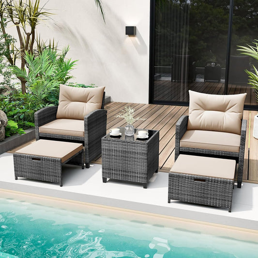 5 Piece Patio Rattan Furniture, Wicker Cushioned Chairs Set W/ 2 Ottomans & Tempered Glass Coffee Table, for Poolside, Backyard, Lawn, Deck (Mix Gray+Beige)-1