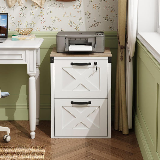 2 Drawer File Cabinet with Lock, Wood Farmhouse Filing Cabinet for Home Office, Printer Stand Fits Letter and A4 Size, White-1