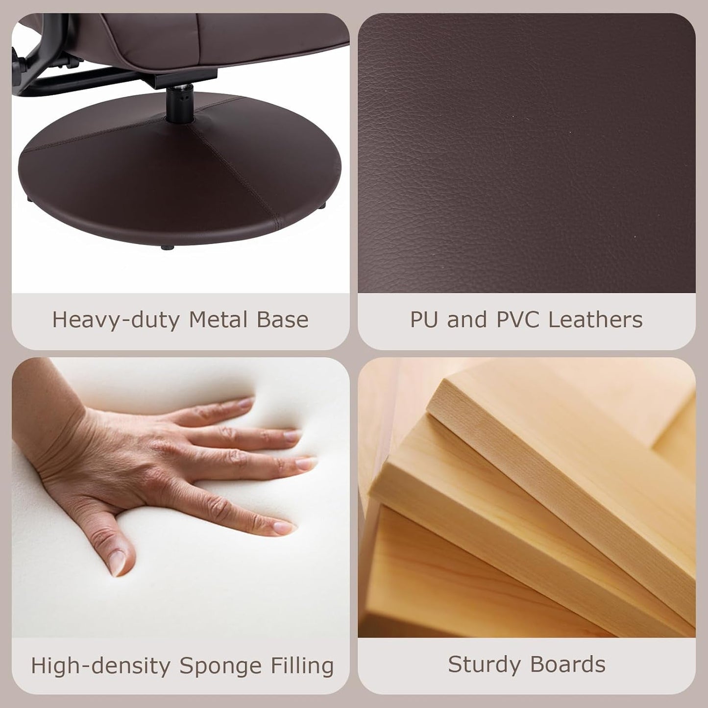 Recliner Chair with Ottoman, 360° Swivel Faux Leather Reclining Chair W/Adjustable Backrest, Footrest, Sturdy Metal Base, Upholstered Armchair for Living Room Bedroom Study, Office, Brown-4