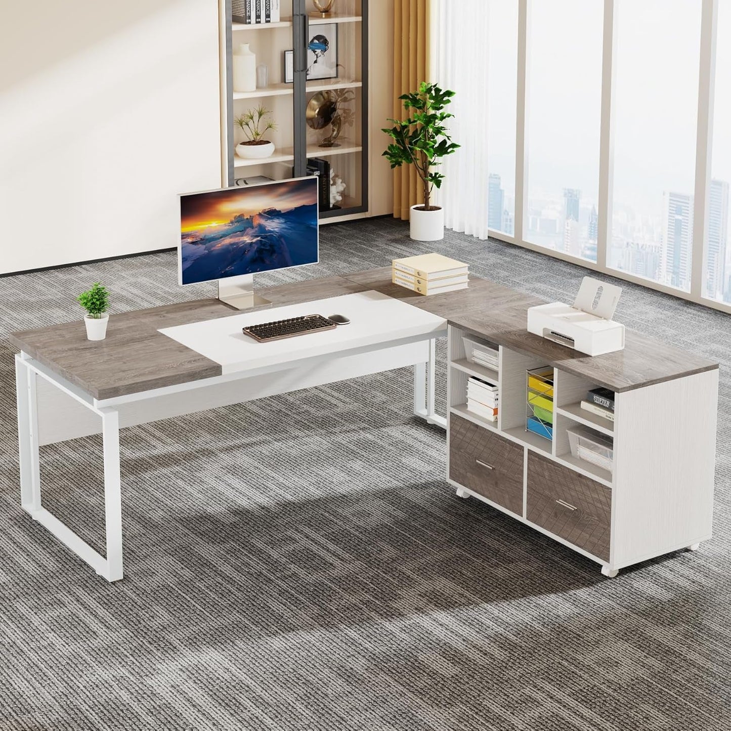 L-Shaped Executive Desk with Reversible File Cabinet, 63" Office Desk with Storage Drawers, L-Shaped Computer Desk with Drawer Cabinet for Hanging Letter Size Files,Gray & White-0