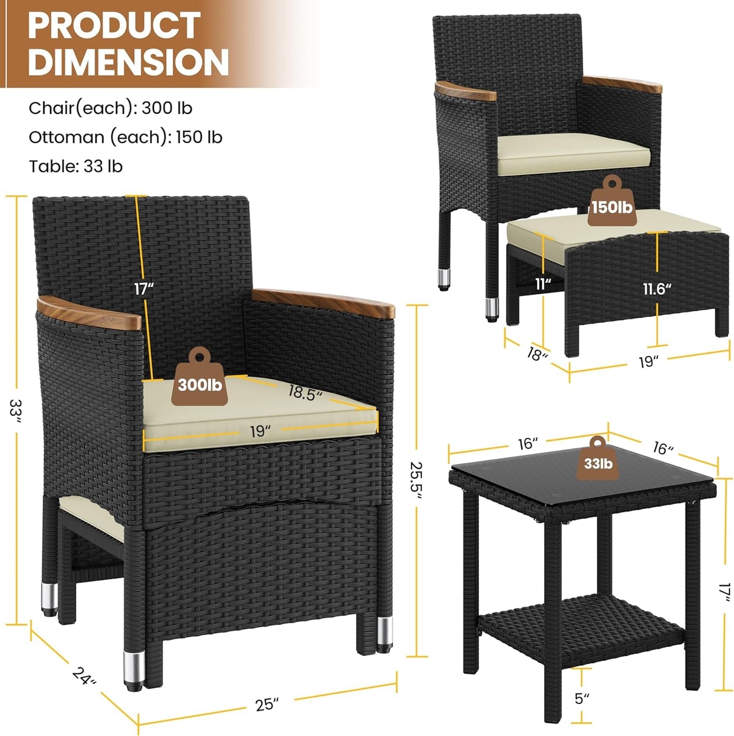 5 Piece Patio Conversation Set, Outdoor Wicker Bistro Furniture, PE Wicker Outdoor Rattan Chairs Set with Coffee Table for Porch, Poolside, Lawn, Garden, Balcony-4