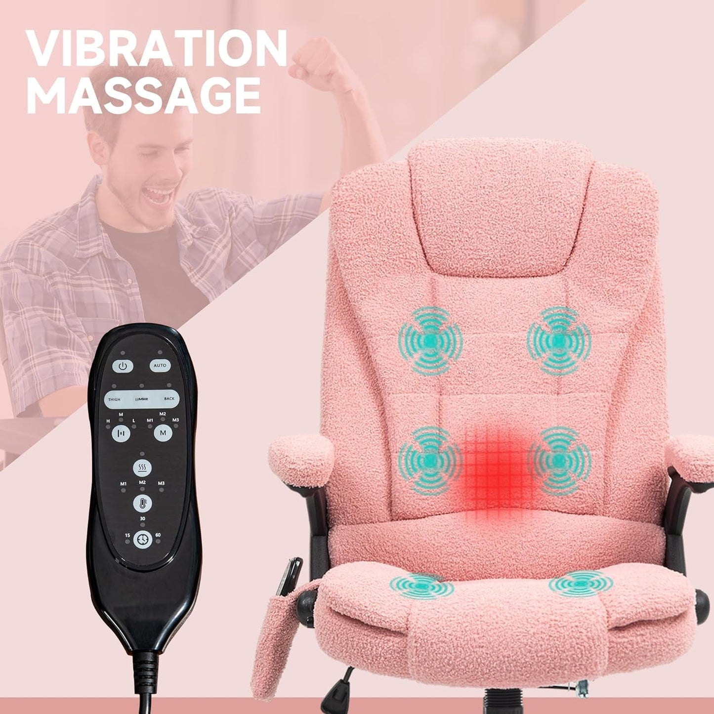 6 Point Vibrating Massage Office Chair with Heat, Velvet High Back Executive Office Chair with Reclining Backrest, Padded Armrests and Remote, Pink-3