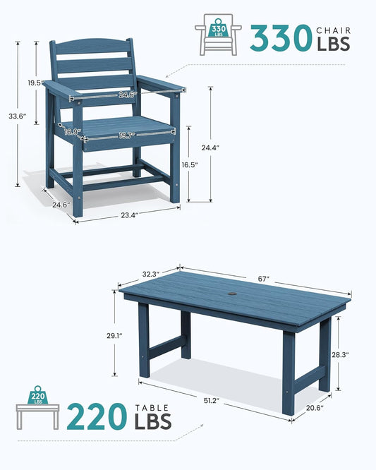 7-Piece Patio Dining Table Sets, Outdoor HDPE Dining Furniture Set with Umbrella Hole Cut-Out Table and 6 Chairs, Blue-1