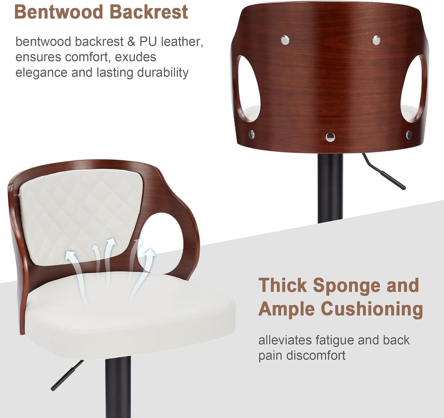 Barstools Set of 2,Counter Height Stools with Bentwood Back&Arm, Swivel Barstools,Pu Leather Kitchen Island Stools, Adjustable Height Bar Chairs for Club Pub Dining Room,Pearl White-4