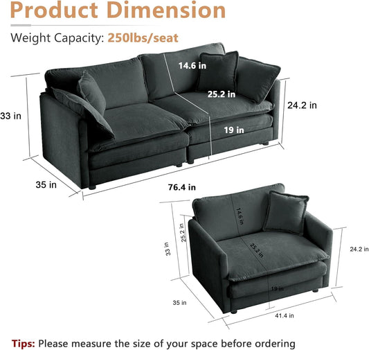Luxury 2 Piece Loveseat Couch & Sofa Armchair Set, Modern Upholstered Chenille Cloud Couches Set Furniture with 5 Pillow for Living Room Bedroom Office Apartment, Grey-1