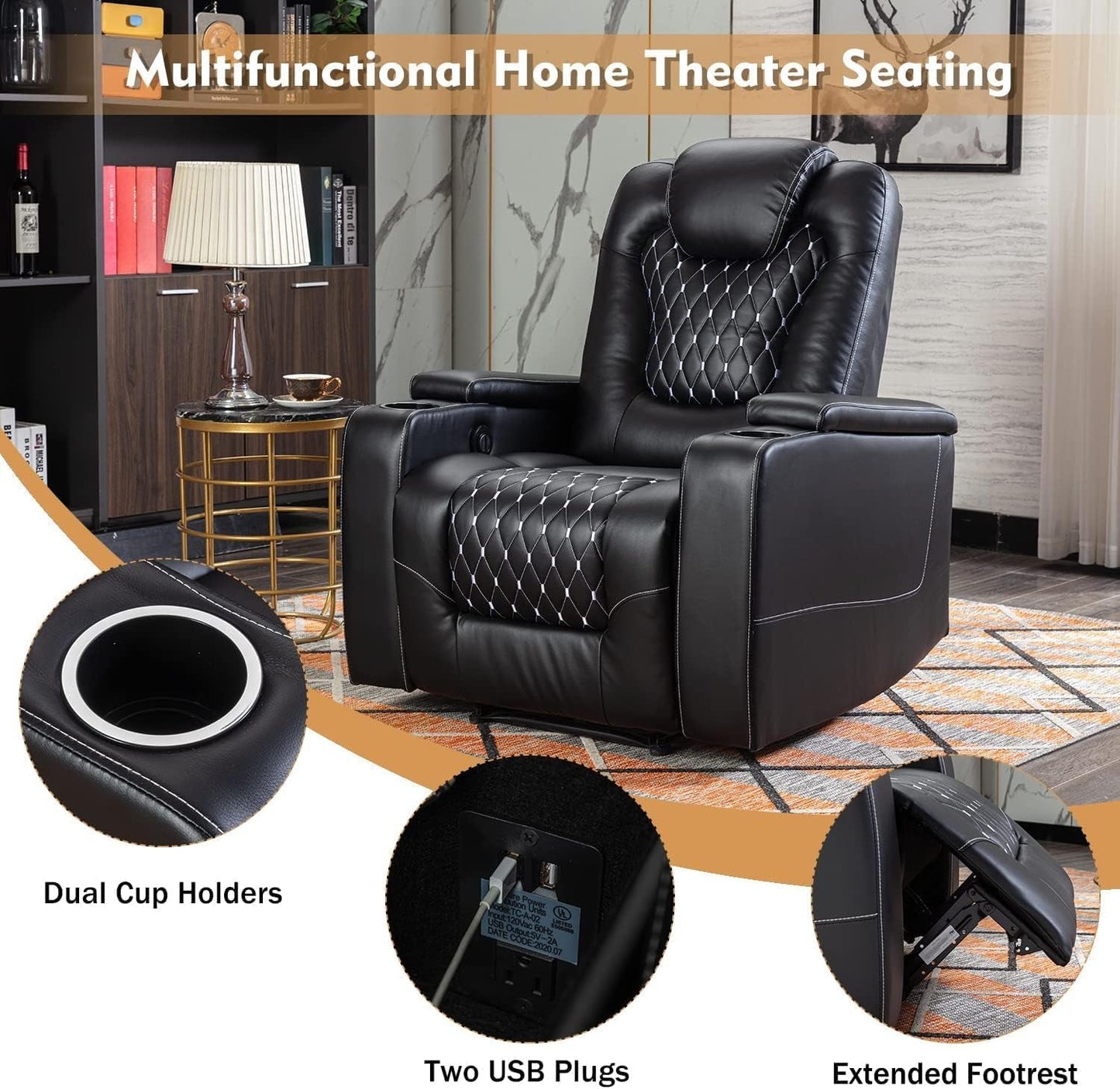 Power Recliner Chair with USB Ports and Cup Holders - Overstuffed Electric Home Theater Seating PU Leather Reclining Furniture with Hidden Arm Storage, Easy to Clean (Set of 2, Black)-3