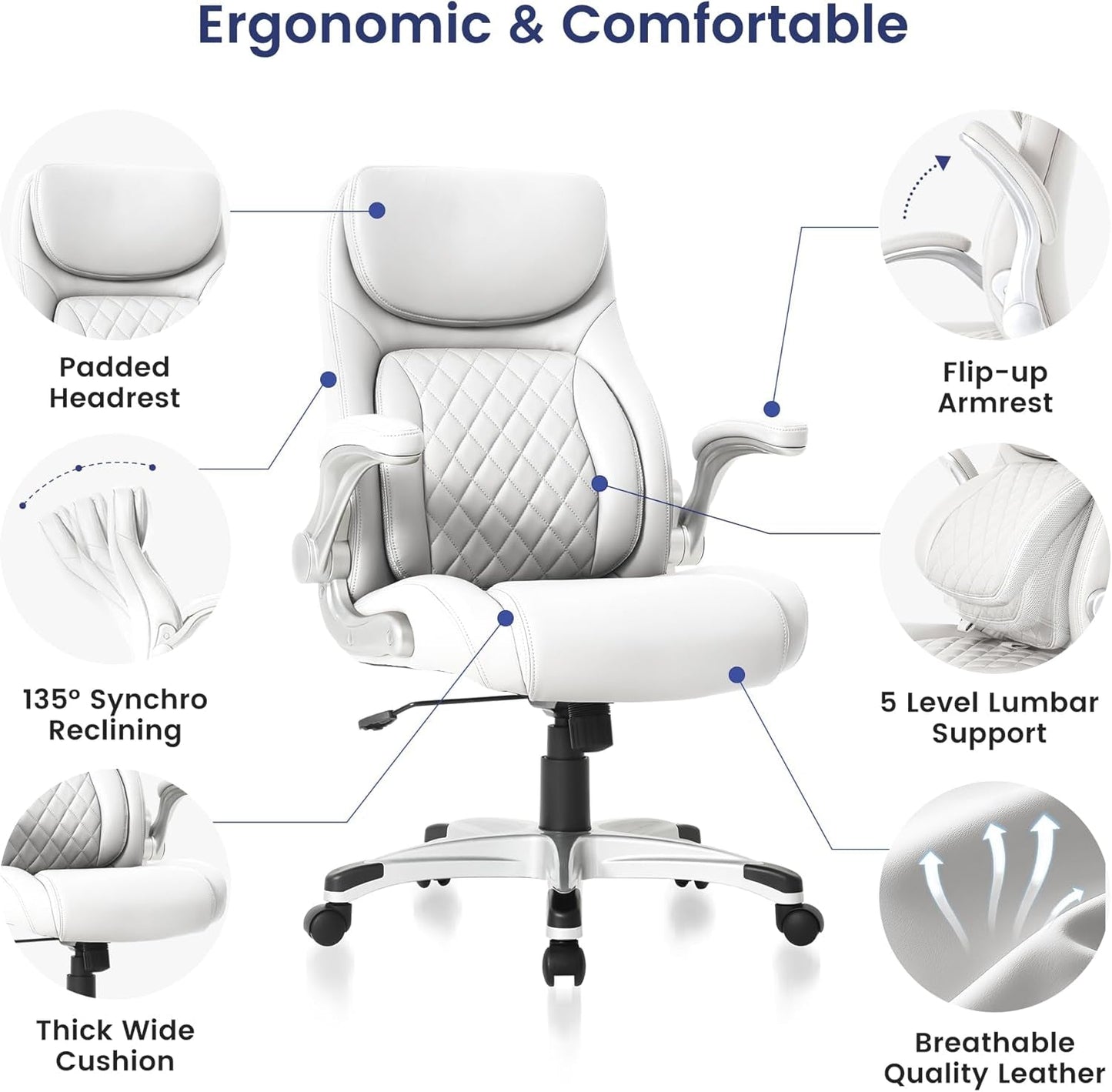 Ergonomic Office Chair Premium Microfiber Leather Adjustable Lumbar Support & Armrests, High Back Comfy Desk Gaming Chairs Executive Computer Swivel Chair Tilt Function(Posture,White)-2