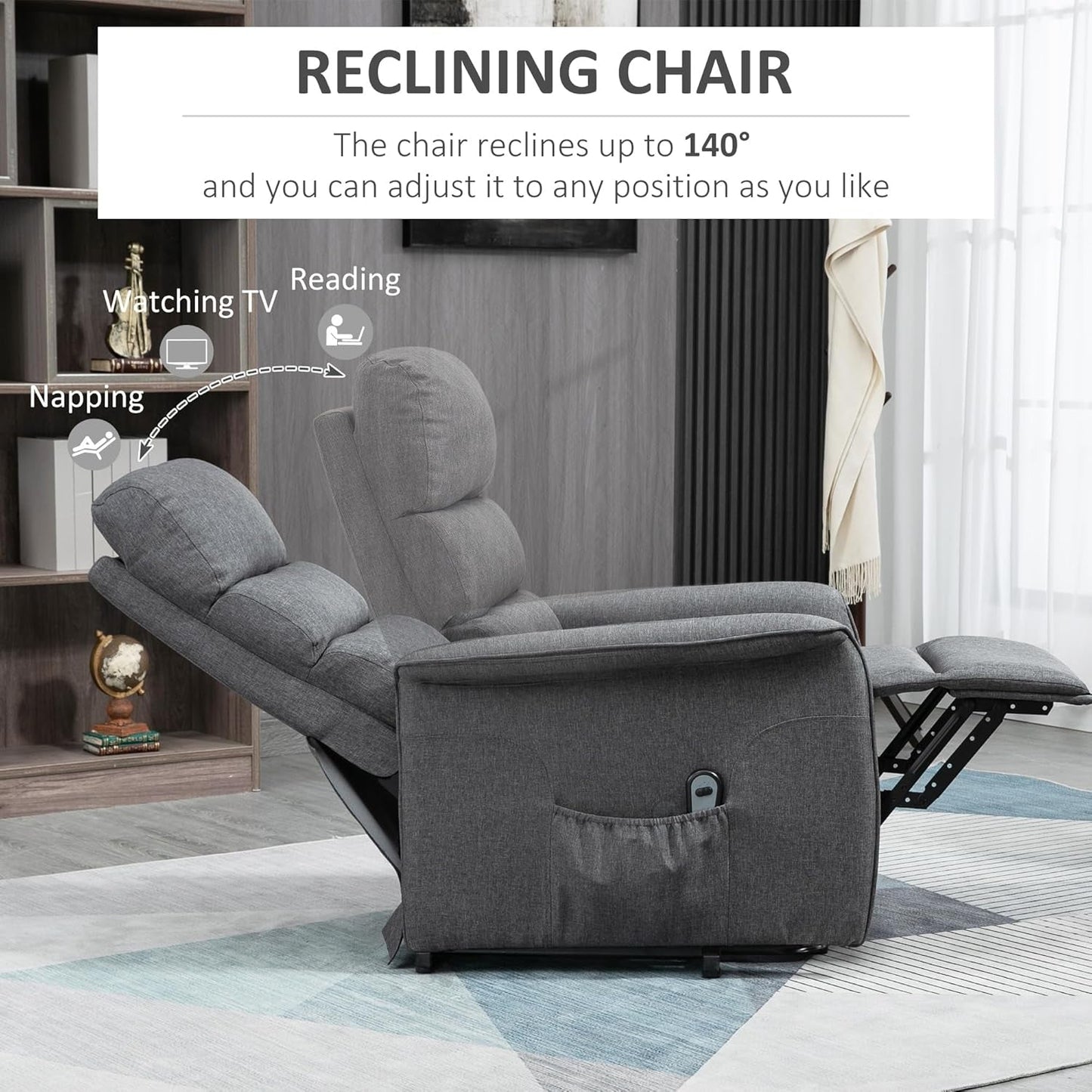 Power Lift Recliner Chair for Elderly, Easy Assembly, Fabric Lift Chair for Adults, Recliner Sofa with Remote Control, Side Pockets for Living Room, Gray-4