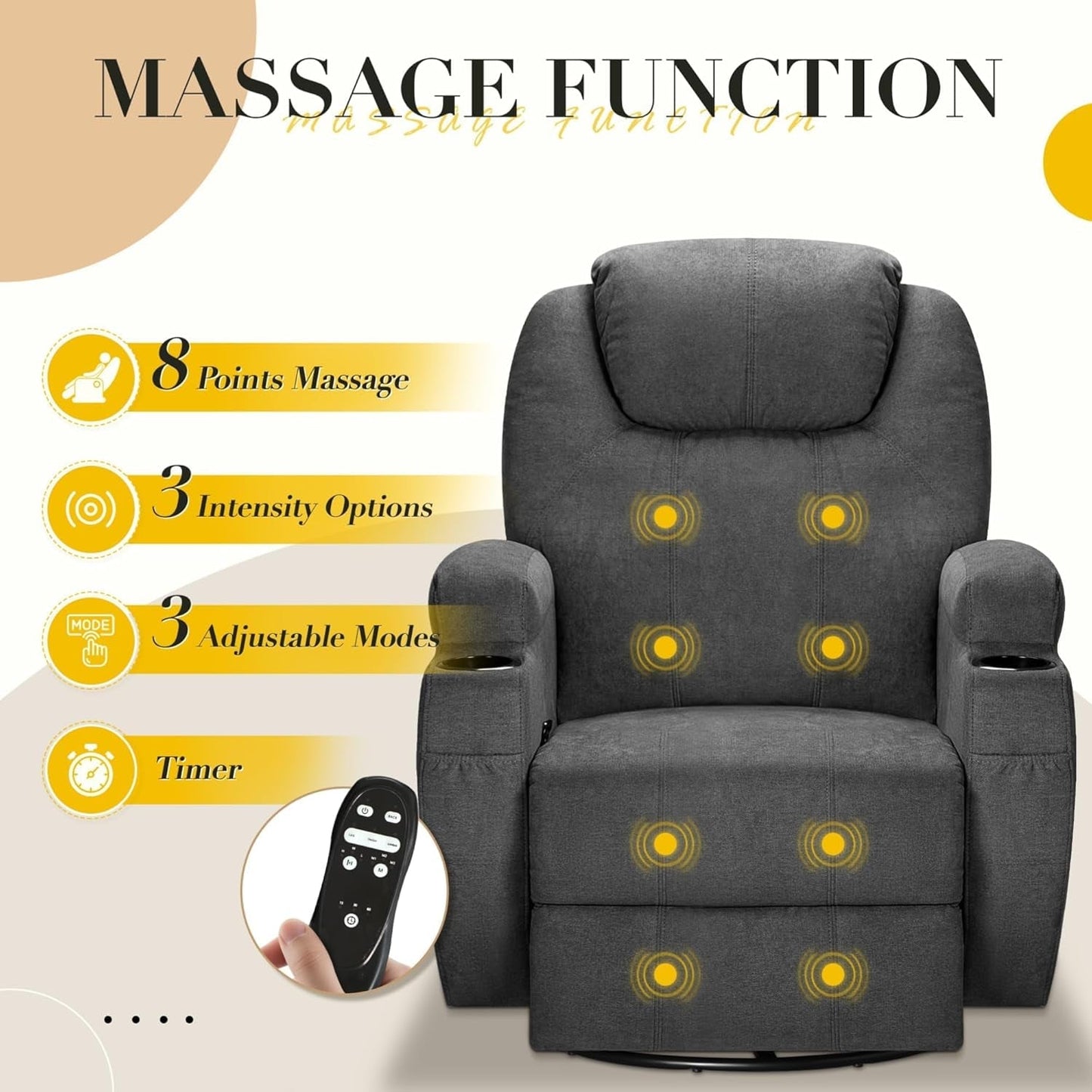 Recliner Chair,360° Swivel Rocker Chair for Adults, Rocking Recliner Chair with Massage, Comfy Single Sofa with Side Pockets Cup Holders for Living Room, Bedroom, Nursery (Fabric, Gray)-3