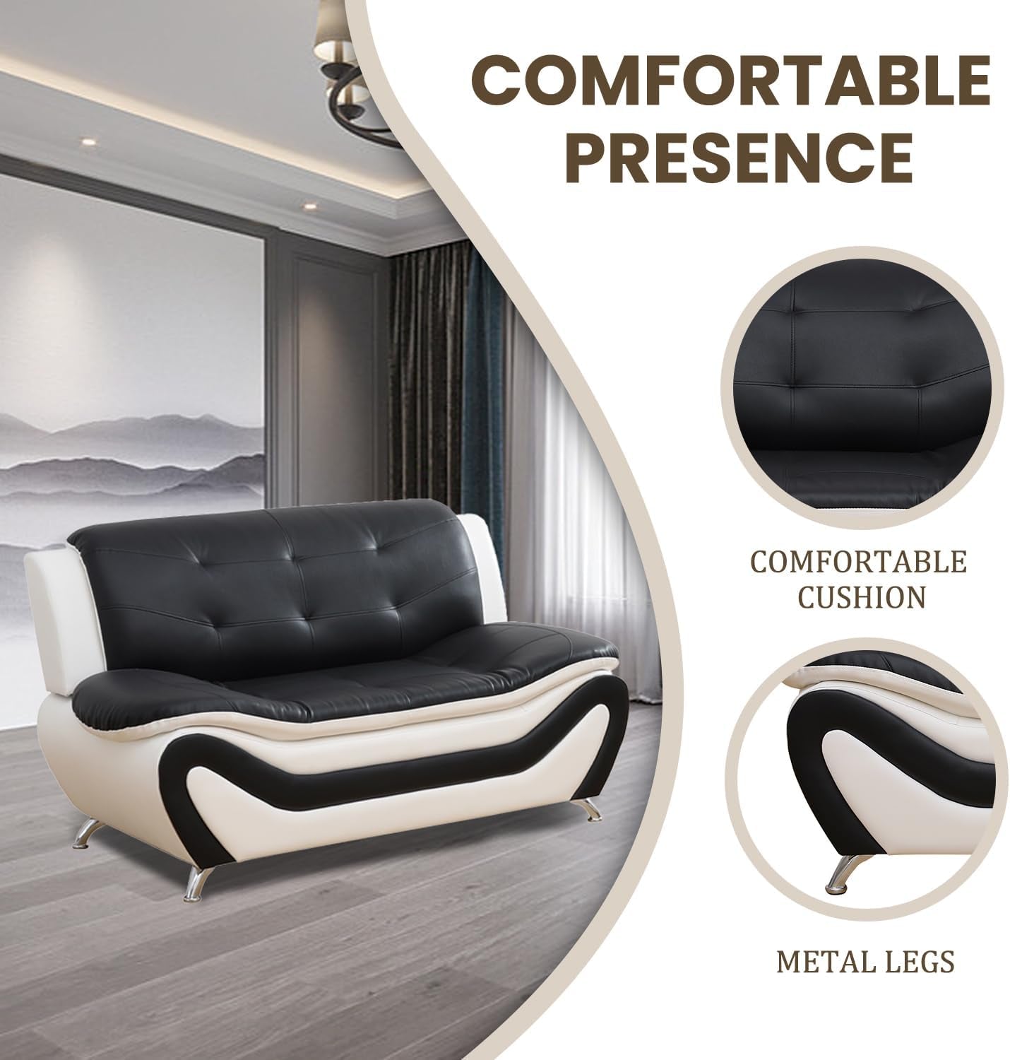 Faux Leather Sofa Couch Set, Living Room Sofa and Loveseat Set, Leather Couch and Loveseat Set for Living Room Office Home (2 Piece Leather Living Room Set, White&Black)-4