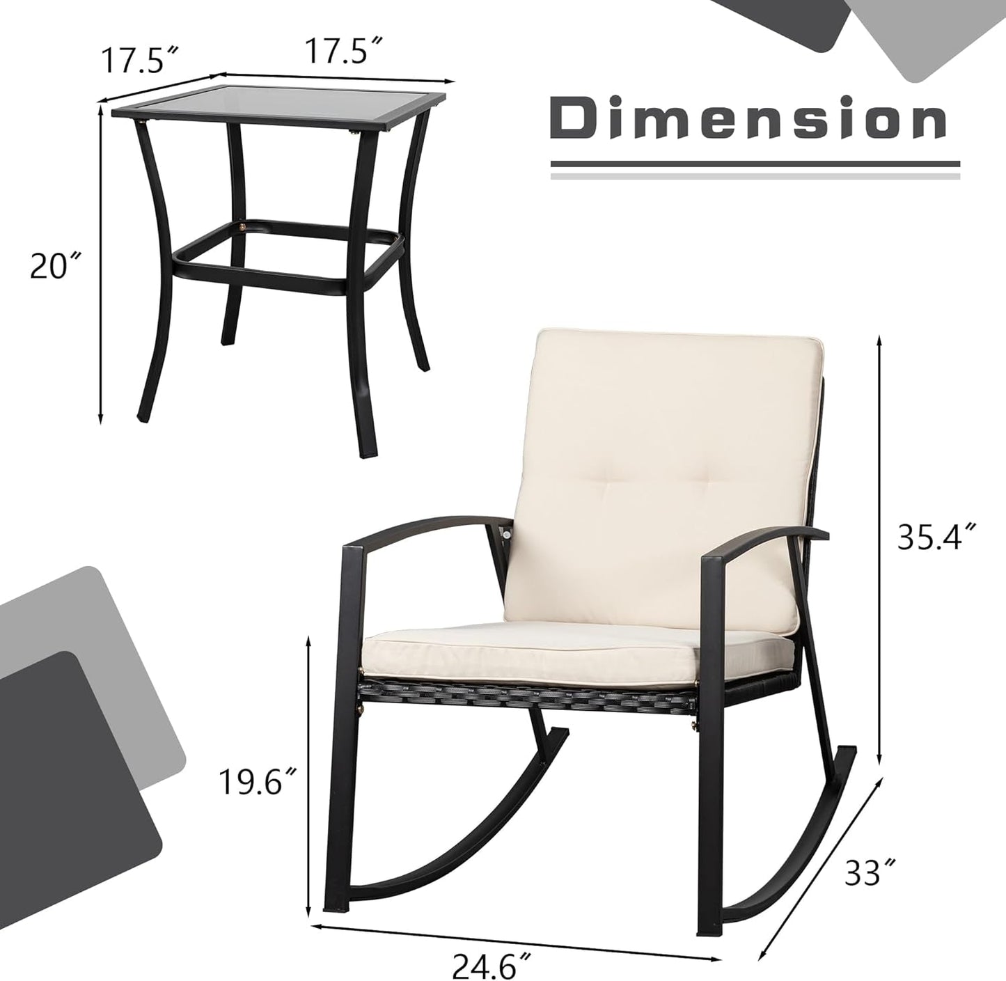 3 Pieces Rocking Bistro Set Wicker Patio Outdoor Furniture, 2 Rattan Porch Chairs Conversation Sets with Glass Coffee Table (Beige)-4