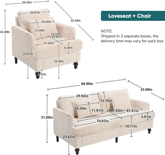 2 Pieces Living Room Furniture Sets, Loveseat Couch and Accent Chair, Mid-Century Modern Sofa Set for Living Room, Apartment, Office, Bedroom (Beige, Chenille)-1