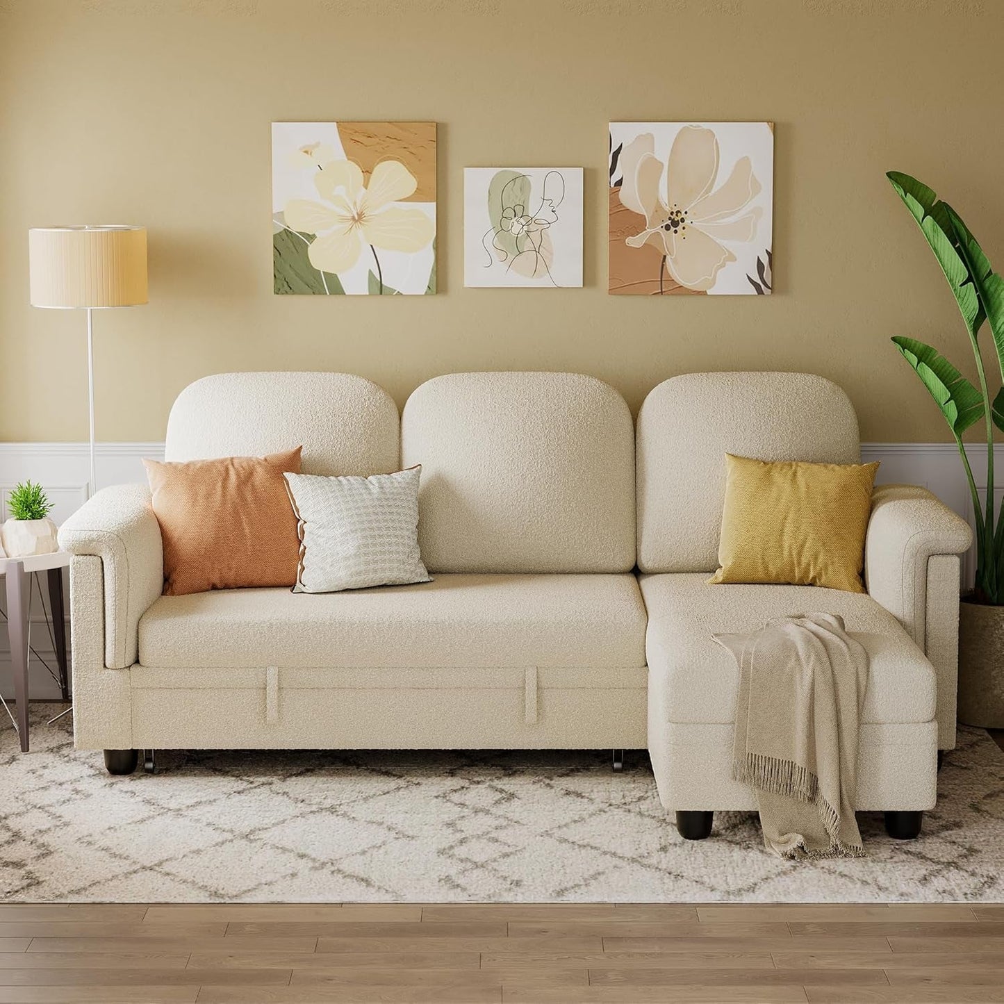 Sleeper L-Shaped Couch Sofa Bed Convertible Sectional Pull Out Couches,With Storage Space,For Living Room,Cotton(Beige)-3