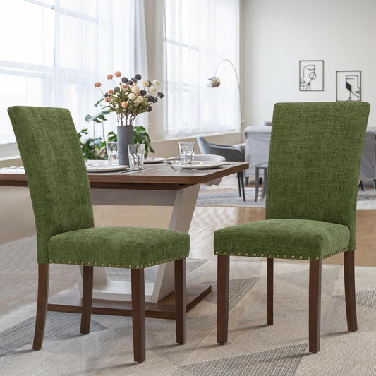 Upholstered Parsons Dining Chairs Set of 4, Fabric Dining Room Kitchen Side Chair with Nailhead Trim and Wood Legs - Green-1