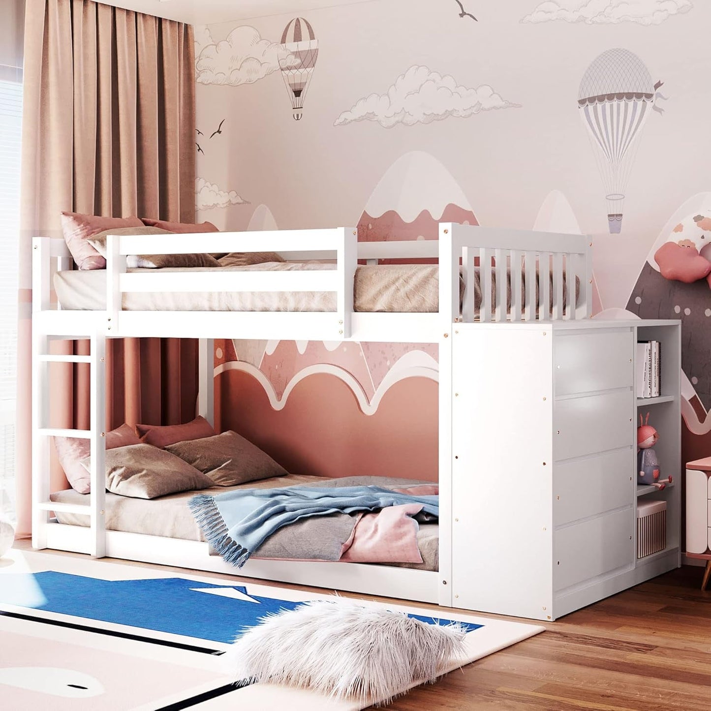 Bunk Bed Twin over Twin, Wood Floor Bunk Bed with Storage Drawers and Shelves, Low Bunk Bed Frame with Guardrails and Ladder for Kids Boys Girls Teens, No Box Spring Needed, Easy Assembly, White-3