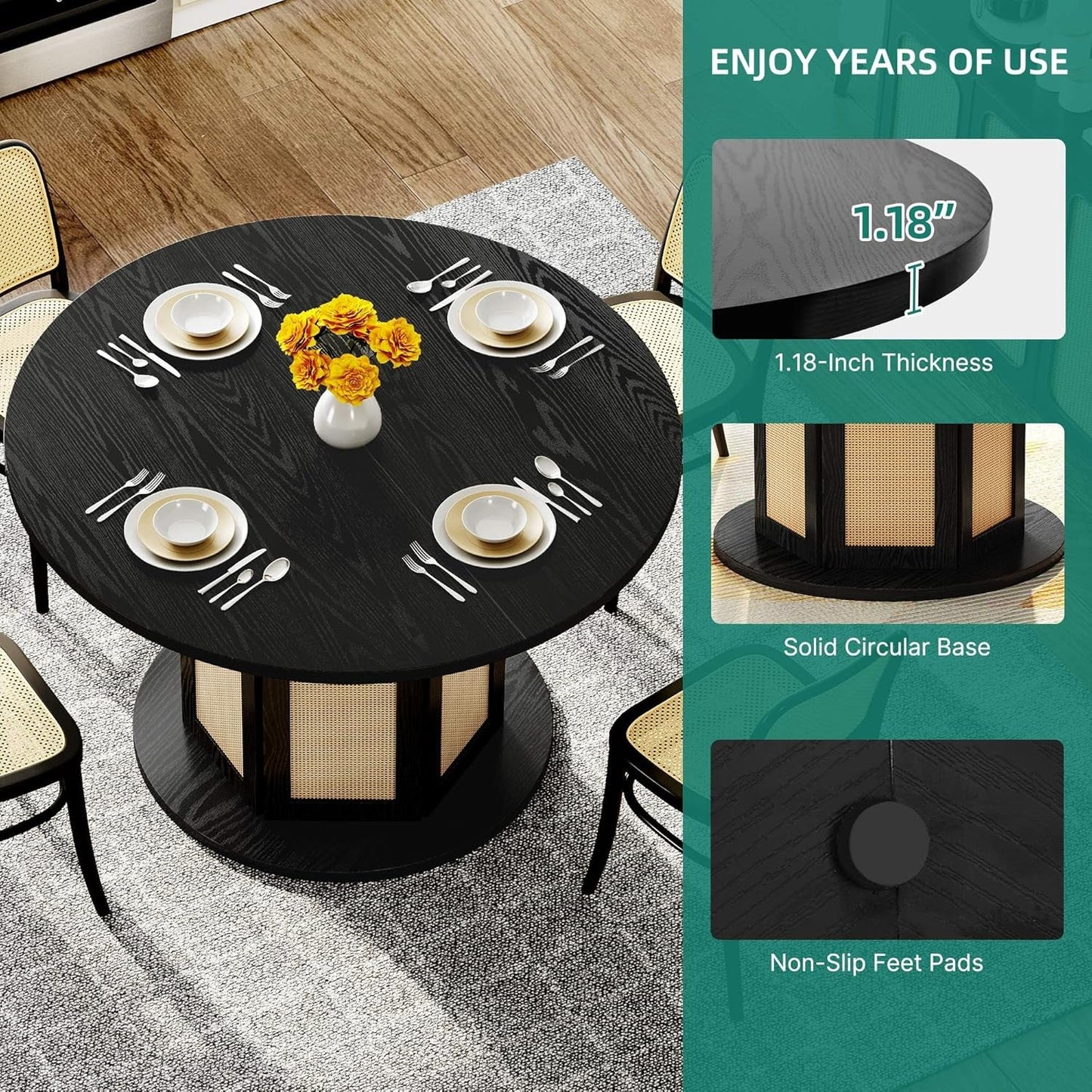 round Dining Table for 4-6 People 47 Inch Circle Dining Table with Wooden Rattan Base Modern Farmhouse Kitchen Table round for Dining Room Kitchen Apartment Black-4