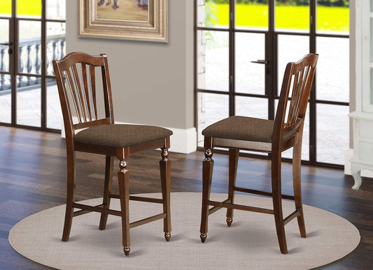 CHS-MAH-C Chelsea Counter Height Stools - Linen Fabric Upholstered Wood Dining Chairs, Set of 2, Mahogany-1
