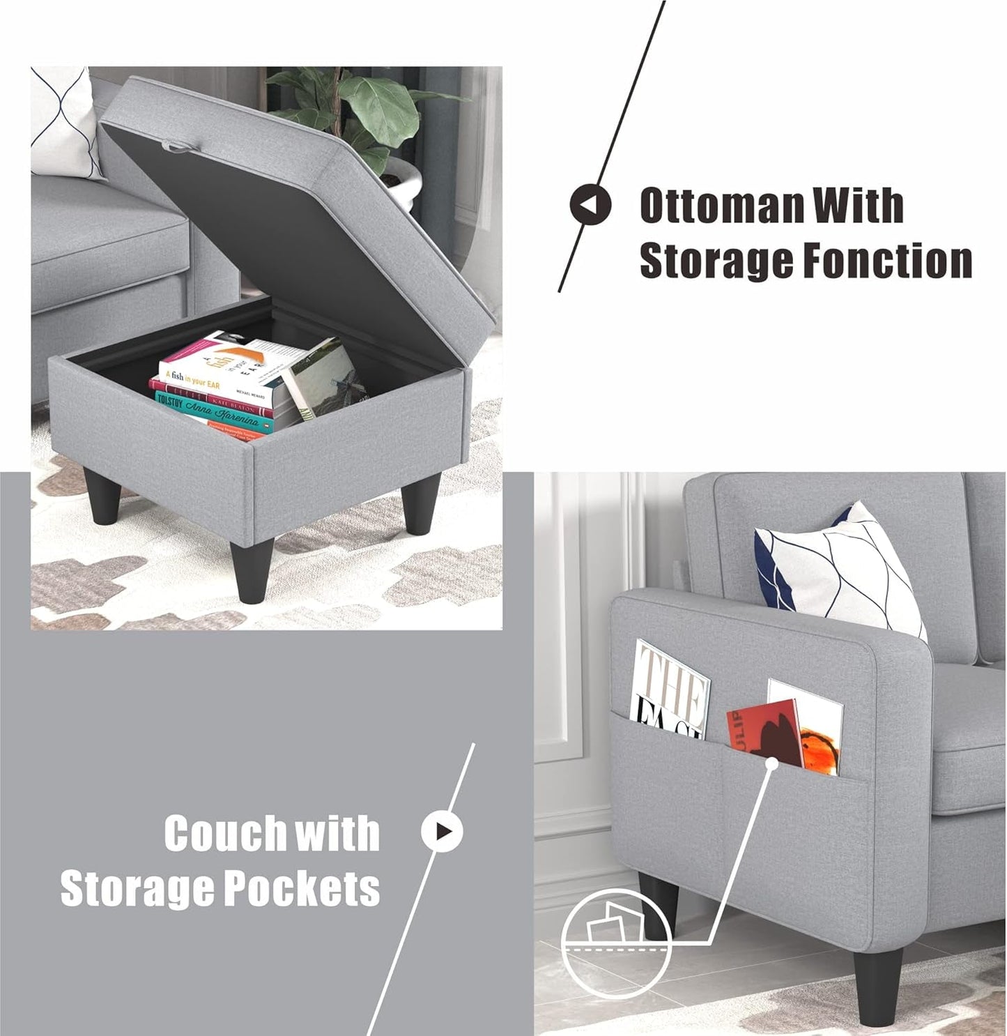 Sectional Sofa Couches for Living Room, Small Space Couch L-Shaped Sofa, 3 Seat Modern Sofas Convertible with Storage Ottoman for Small Space, Bedroom, Offices and Apartments, Light Grey-3