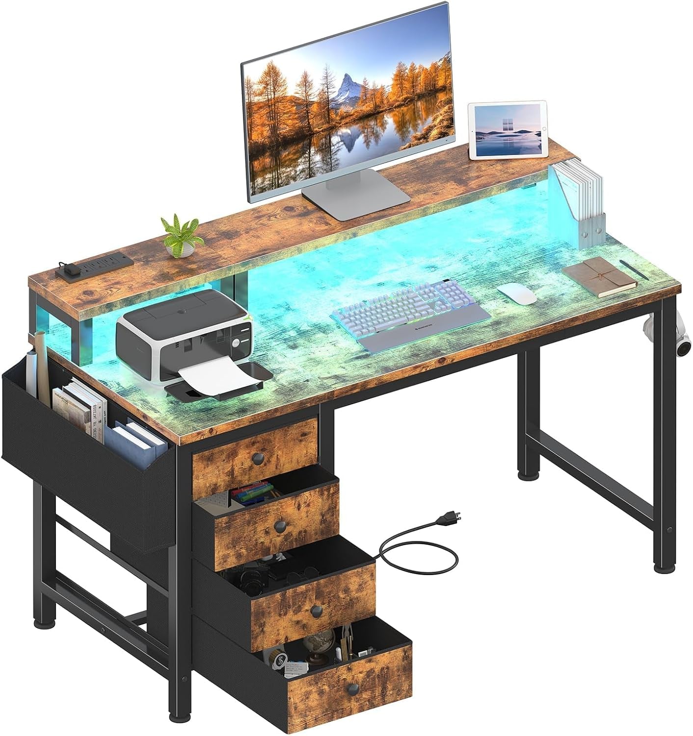 Computer Desk with Fabric Drawers, 47 Inch Home Office Desk with Monitor Stand, Gaming Desk with LED Lights and Power Outlets, Rustic Brown-0