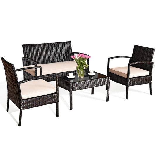 4 Pieces Patio Rattan Conversation Set with Loveseat Sofas and Coffee Table-1
