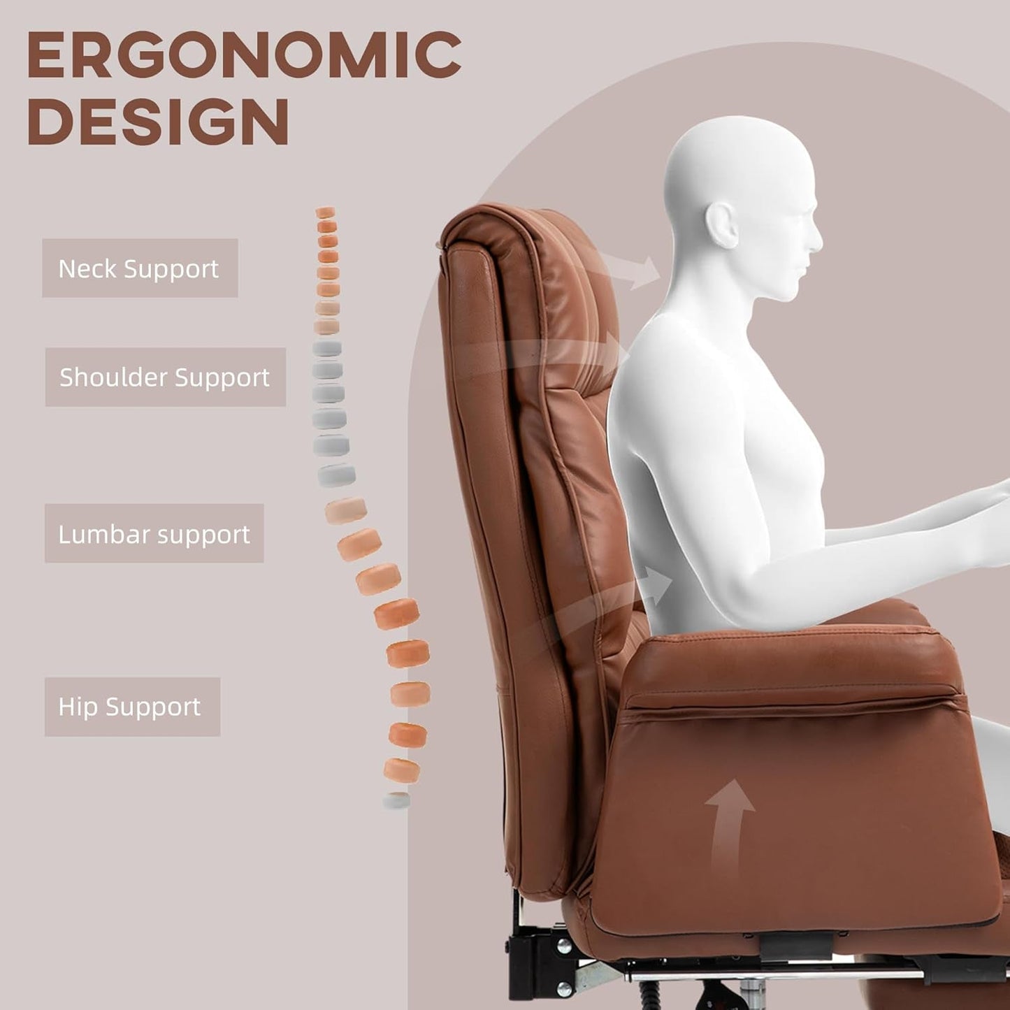 Executive Office Chair, PU Leather Ergonomic Office Desk Chair with Footrest, Reclining and Swivel Chair, Brown-3