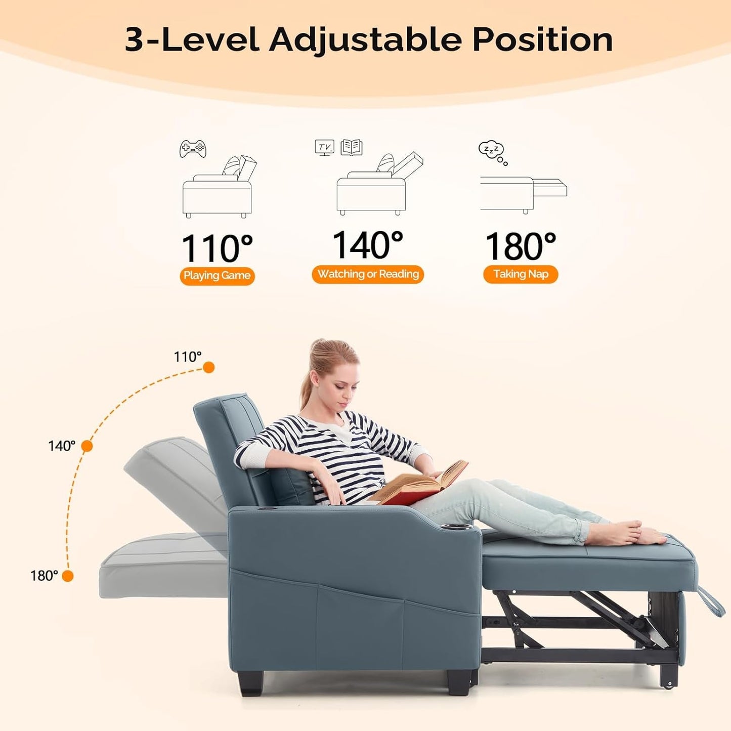 Sofa Bed Chair Recliner, 3-In-1 Convertible Sleeper Sofa Chair Bed Blue Gray Daybed Pull Out Couch Bed with Adjustable Backrest, USB Ports, Cup Holders for Small Spaces Living Room-4